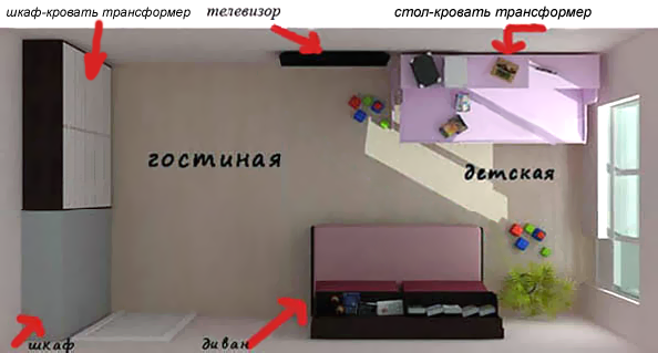 Планировка комнаты с мебелью трансформер