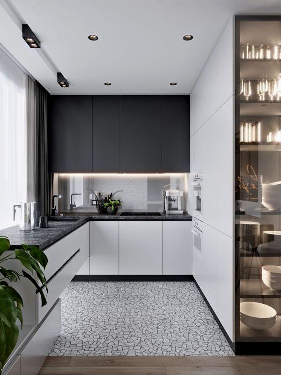 Чёрно-белый интерьер кухни в стиле минимализм