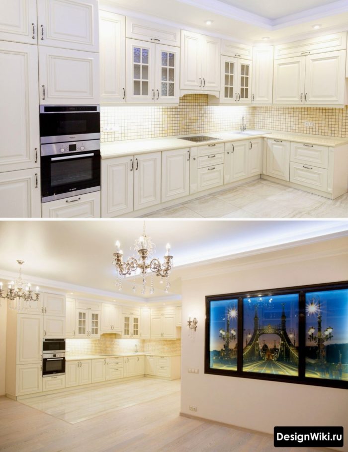 Дизайн кухни в классическом стиле и белом цвете